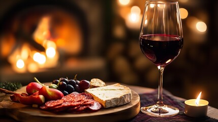 Fototapeta premium Cozy evening with a glass of red wine and charcuterie board by the fireplace