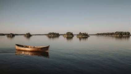 Obraz premium Wooden boat floats on calm lake, small tree-covered islands dot the horizon under a clear sky