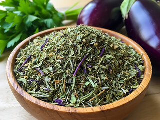 Close Up Speckled Bowl, Dried Herbs Fresh Ingredients, Culinary Herb Display, Food Photography Still Life