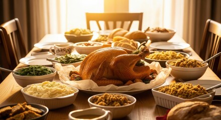 Delicious thanksgiving turkey feast dinner table spread autumn celebration food