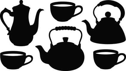 Silhouette Tea Set Teapots and Cups in Black and White Illustration Style