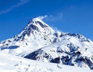 Majestic snow-covered mountain peaks under a brilliant blue sky on a clear, crisp winter day