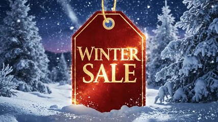 A festive winter scene depicts a sale tag with snowy trees and a starry night sky.