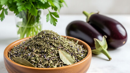 Close Up Speckled Bowl, Dried Herbs Fresh Ingredients, Culinary Herb Display, Food Photography Still Life