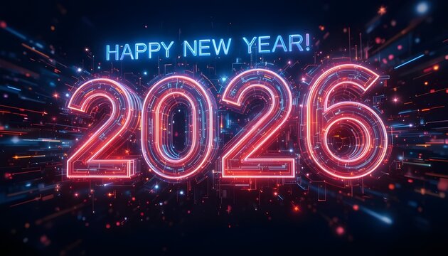 “Happy New Year 2026 neon glowing numbers, futuristic cyberpunk style, dark background with abstract light streaks and bokeh particles, high-resolution commercial graphic”