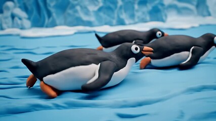 Claymation penguins in a cold environment, depicting the playful nature of clay-made animals on a snowy landscape in a creative display