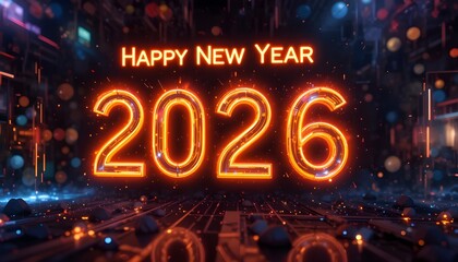 Fototapeta premium “Happy New Year 2026 neon glowing numbers, futuristic cyberpunk style, dark background with abstract light streaks and bokeh particles, high-resolution commercial graphic”