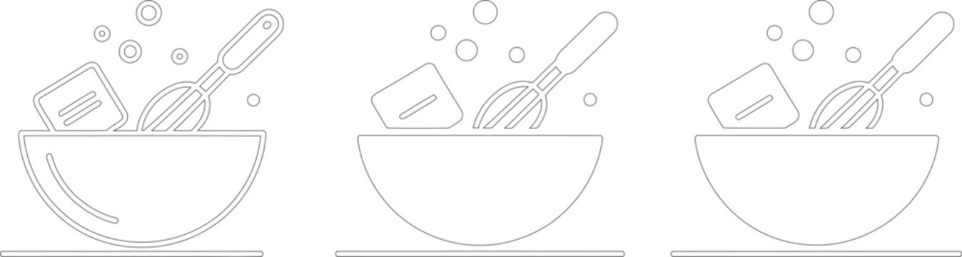 Outlined Baking Set Spatula, Whisk, Bowl with Bubbles in a Triplicated Monochrome