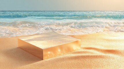 A golden reflective surface sits on the sandy beach as waves gently wash ashore during a peaceful sunset. The scene captures tranquility and the beauty of nature.