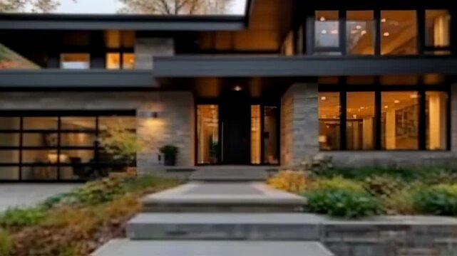 Modern home exterior in autumn, showcasing architectural design and seasonal beauty with vibrant
