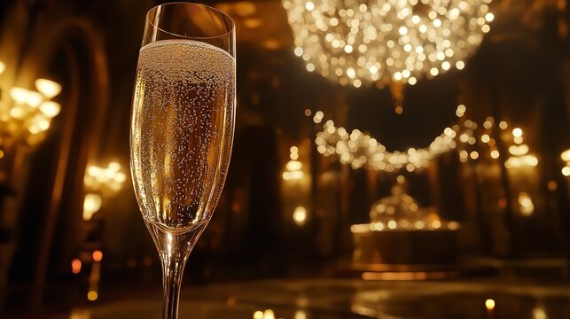 A flute of champagne with bubbles, set against a blurred background of a grand ballroom with chandeliers