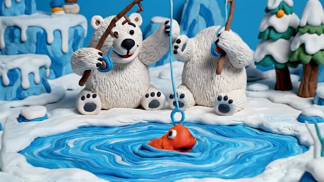 Clay Bears Fishing in the Arctic A Whimsical Winter Scene Crafted from Clay, Capture the charm of claymation art in this delightful scene