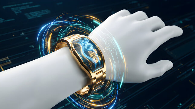 High-tech 3D illustration of a futuristic smartwatch with a golden metallic band and a glowing holographic display showing “2026.” 