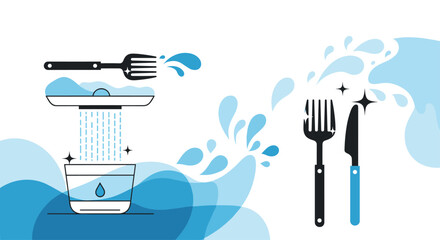 Graphic illustration of water purification for safe consumption and sparkling clean dishes, emphasizing hygiene.