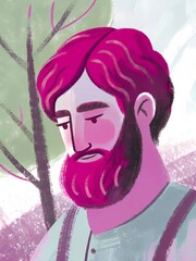 Illustration portrait man beard pink hair artistic digital art character design drawing style modern art face