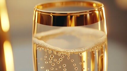 Close up of a champagne flute filled with bubbly champagne, golden rim detail