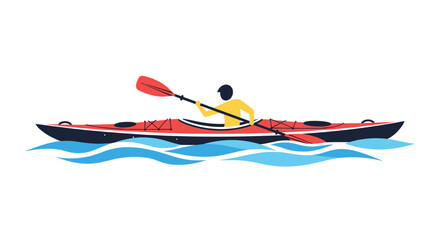 A person paddles a red kayak on blue waves, enjoying a water sport in a recreational outdoor activity.