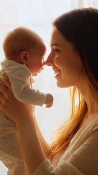 Loving mother gently touches noses with her adorable newborn baby at home.