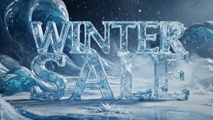 A frosty "Winter Sale" display, crafted from ice, set against a blurred, cold landscape.