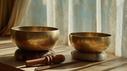 Two handcrafted singing bowls sit on soft wooden bases by a window basking in warm afternoon light. The scene conveys calmness and serenity inviting relaxation and mindfulness.