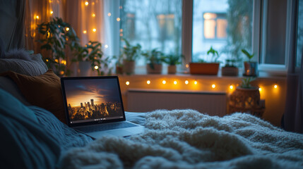 a cozy bedroom with string lights, fluffy blankets, and a laptop playing a movie, relaxing weekend vibe
