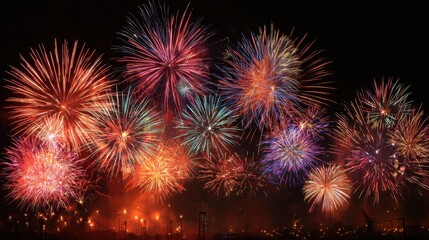 Bright and colorful fireworks burst across the night sky filling the atmosphere with excitement. Revelers cheer as the stunning display lights up the city landscape.