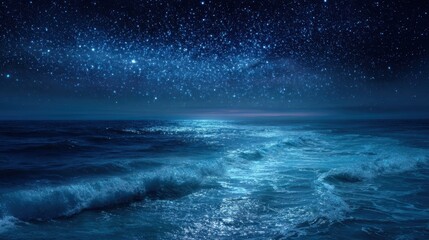 Fototapeta premium Waves gently lap against the shore as a brilliant starry sky fills the night. Moonlight creates a shimmering path across the dark ocean offering a peaceful scene.