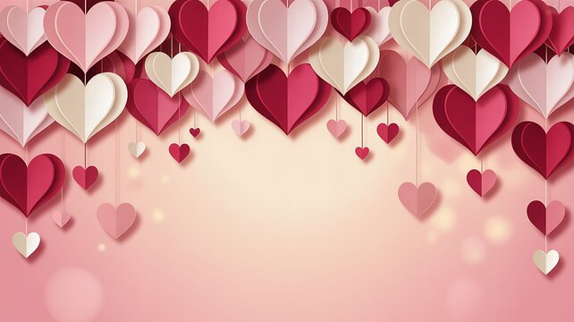 Romantic Valentine’s Day background with hanging 3D paper hearts in pink and red tones on soft pastel gradient backdrop
