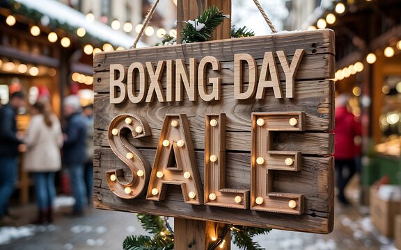Rustic Boxing Day sale wooden sign with marquee lights hanging in a festive outdoor market decorated with warm holiday bokeh lights