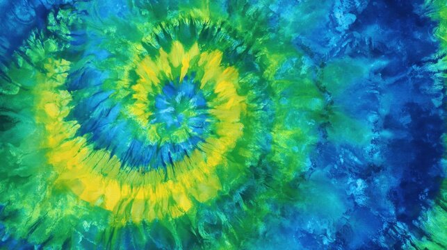 A colorful tie dye pattern displays swirling shades of blue green and bright yellow creating an eye catching design. The vivid colors blend harmoniously showcasing artistic flair.