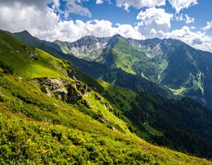 Naklejka premium Majestic alpine vista showcasing vibrant green slopes, shadowed valleys, and peaks under a bright blue sky
