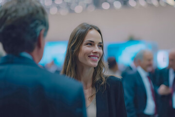 Fototapeta premium A business event exhibition shows businesspeople discussing with confident trusting expressions in a friendly setting.