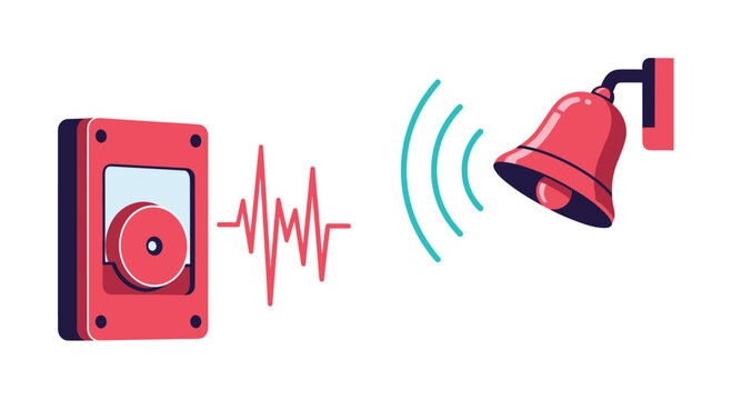 A red fire alarm pull station connected to a ringing emergency bell, symbolizing immediate warning and safety alert system activation.