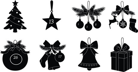 Christmas countdown silhouette, festive advent icon, holiday ornament vector, pine branch decor, gift box graphic, stocking illustration, seasonal celebration design