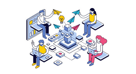 Agile Team Collaboration and Idea Exchange Flowchart. Isometric Illustration of Digital Strategy and Network Data Management.