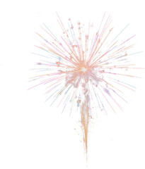 Colorful burst of curved lines and dots radiating upward, resembling festive fireworks or abstract bouquet.