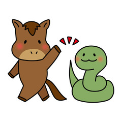 干支同士でハイタッチするヘビと馬