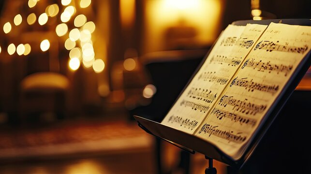 Sheet music on a stand in a cozy room adorned with warm lights, perfect for capturing the essence of music, creativity, and artistic inspiration