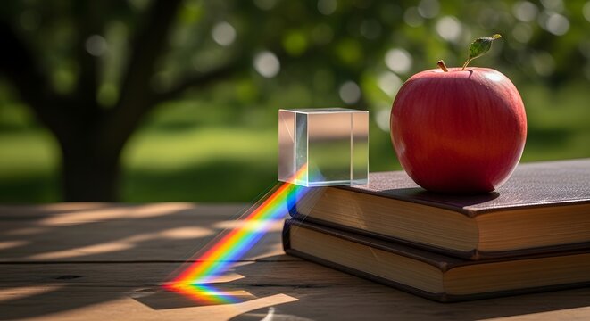 A prism refracts light into a rainbow spectrum next to a red apple and old books on a wooden table for Newton Day science education concept - Powered by Adobe