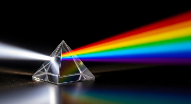 Glass prism refracting white light into a vibrant rainbow spectrum on a dark background for science education concept and Newton Day discovery