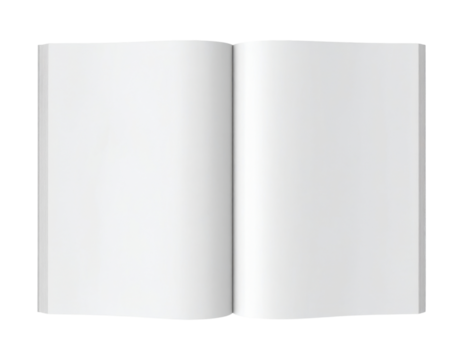 A 3D open magazine, blank pages, top view, isolated on transparent background, PNG