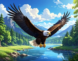 Majestic bald eagle in flight over a serene river and lush green landscape under a bright blue sky