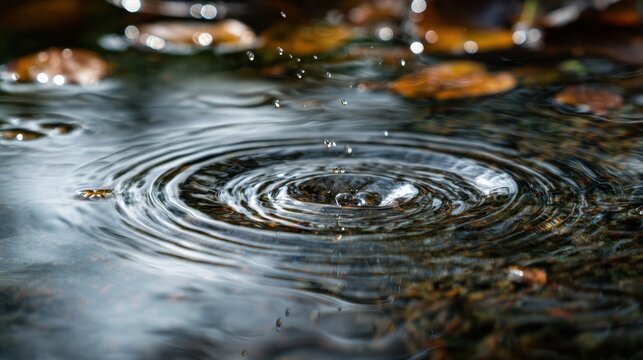 Droplets fall gently into a calm pond causing ripples to spread across the surface. Fallen leaves float nearby adding to the tranquil autumn atmosphere.