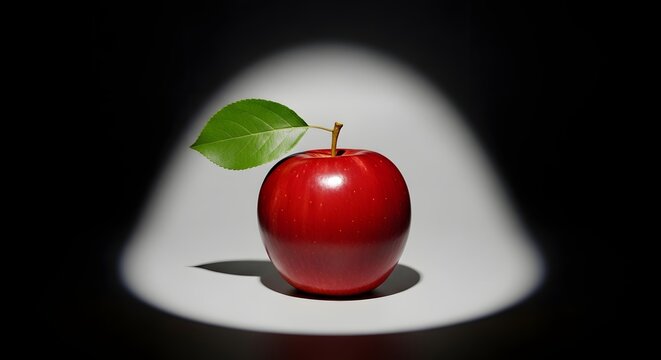 Vibrant red apple with green leaf illuminated by a dramatic spotlight for a Newton Day discovery concept and scientific inspiration