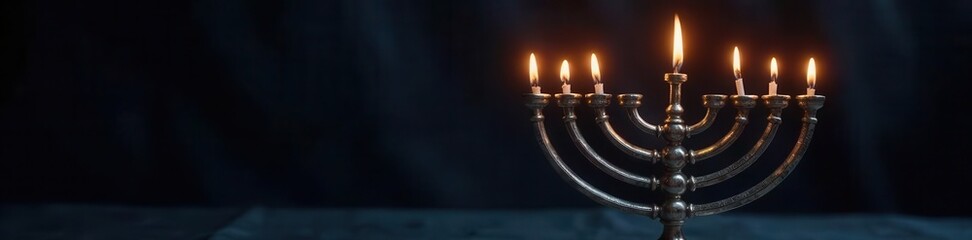 Silver menorah, partially lit candles, dark background , jewish, festive