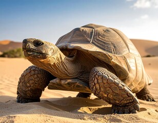 Desert tortoise with textured shell crawls across sand dunes under a sunny sky