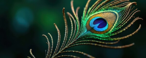 Single peacock feather, rich sapphire, emerald, and gold hues , bright, sapphire