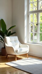 Spacious living room, white armchair focal point Large windows, sunlight streaming in , plants, clean