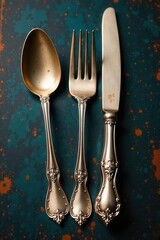 Tarnished silver spoons and forks, vintage set , aged, kitchenware, old