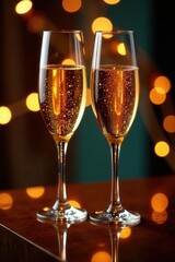 Two champagne flutes, golden Bengal lights reflection, bubbles, reflection